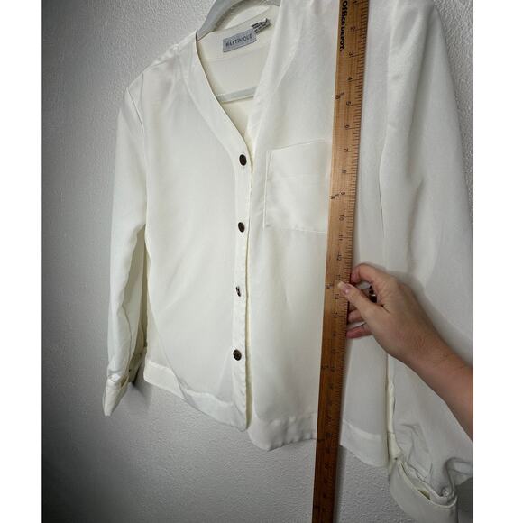 Martinique Ivory Long Sleeve V-Neck Bronze Button Up Blouse Top 6 - Picture 12 of 13